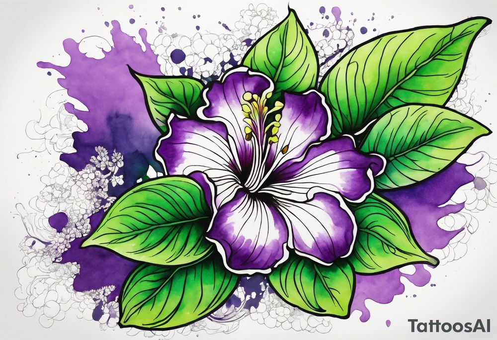 An outline of a rio dipladenia flower with green/purple pedals and a green/purple watercolor splash in the background tattoo idea