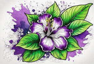 An outline of a rio dipladenia flower with green/purple pedals and a green/purple watercolor splash in the background tattoo idea