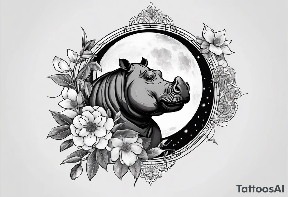 Very asymmetrical, +geometric pattern, with realistic full moon, with hippo head, wintersweet flower bud, +portrait orientation, +inkart touch, tattoo idea