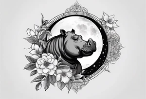 Very asymmetrical, +geometric pattern, with realistic full moon, with hippo head, wintersweet flower bud, +portrait orientation, +inkart touch, tattoo idea