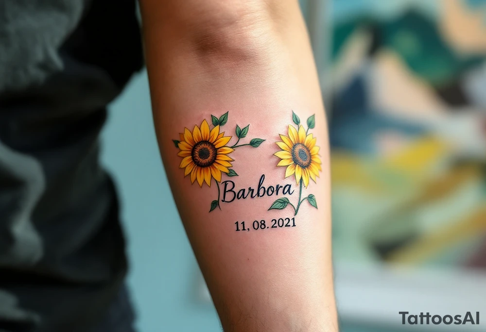 Barbora 11. 08. 2021) – Soft yellow sunflowers blooming around Barbora’s birthdate, with green vines and a light blue sky background. tattoo idea