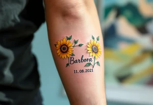 Barbora 11. 08. 2021) – Soft yellow sunflowers blooming around Barbora’s birthdate, with green vines and a light blue sky background. tattoo idea