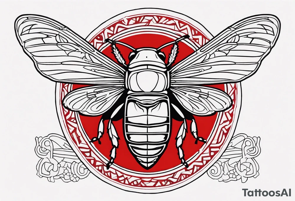 cicada on top of red greek design tattoo idea