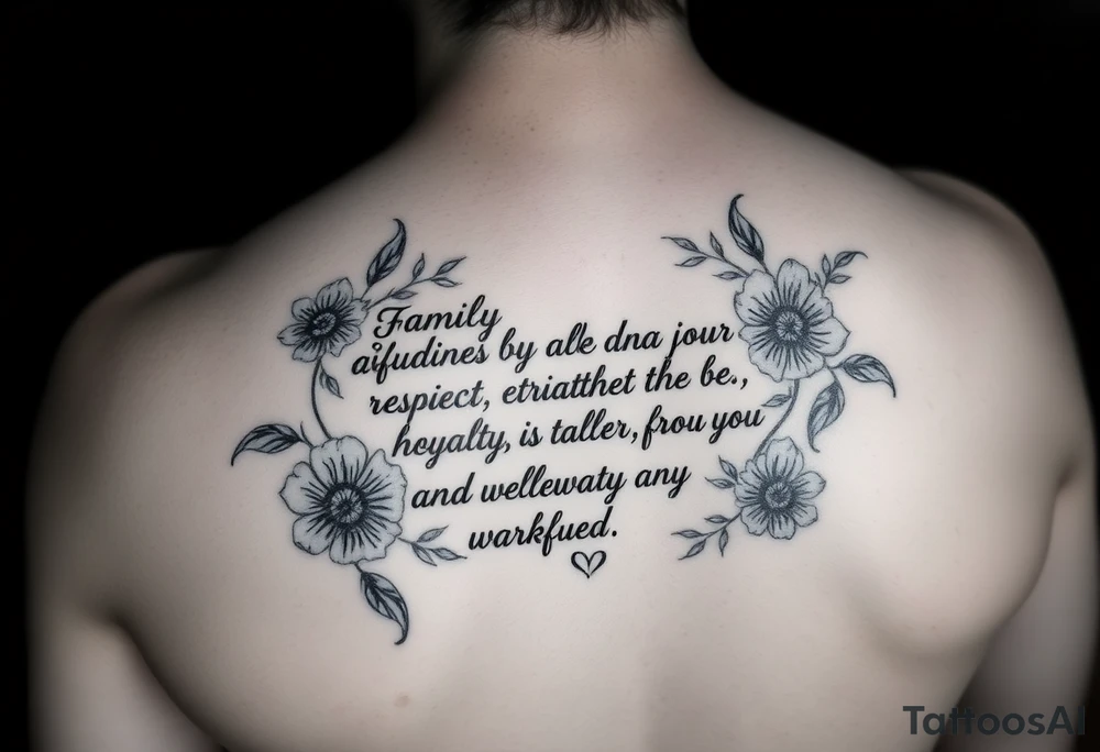 Meaningful quotes that has meanings such as family, love, kindness, fairness, respect, trust, loyalty, humour, honesty, hardworking, thoughtful, sharing and it has some flowers as a background or just around it tattoo idea