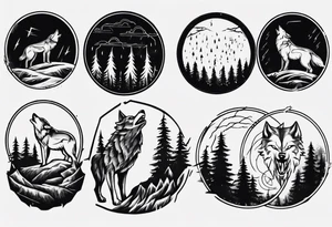 lightning over forest with wolf howling on drum tattoo idea