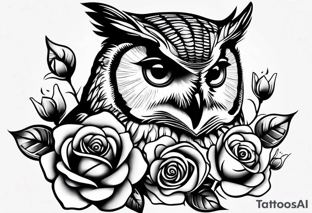 An owl, a rose, a paw print tattoo idea