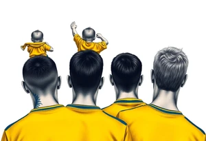 4 soccer fans from their backs, wearing yellow blue shirts. the second one from left having a kid on his shoulders, and he's rising a scarf.
the right one is older and shorter tattoo idea