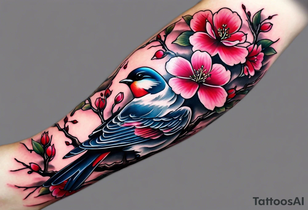 Memorial tattoo Japanese cherry blossom with birds, butterflies and rose on the forearm tattoo idea