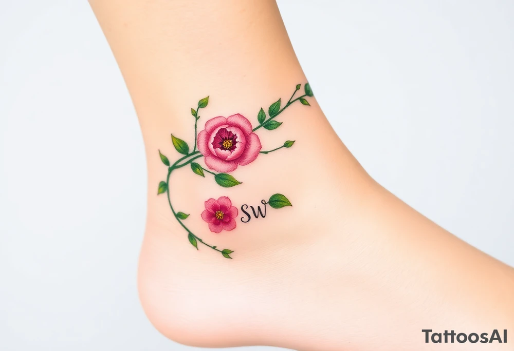 Create a dainty ankle tattoo of vining green leaves that wrap around the ankle horizontally like a bracelet.  Add 2 small pink peonies placed together.  Add the cursive initials SW. Add the initials DD tattoo idea
