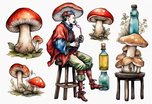 a mushroom wearing medieval clothes sitting on a stool drinking from a bottle tattoo idea
