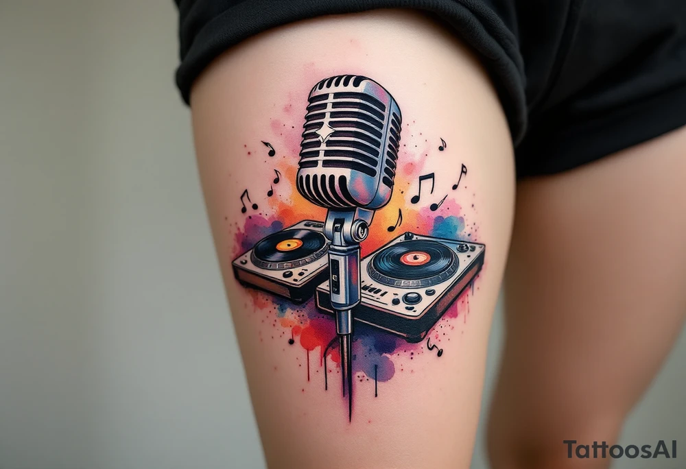 Microphone turntables and music notes graffiti style on a woman's thigh tattoo idea