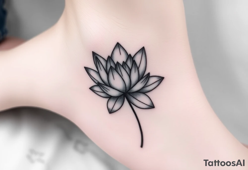 A detailed black and white water lily tattoo, shaded in elegant grayscale with hints of deep blue for depth, representing timeless love and simplicity tattoo idea