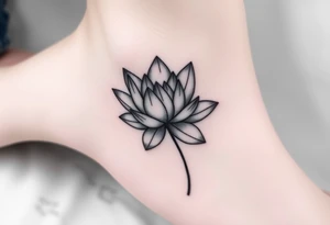 A detailed black and white water lily tattoo, shaded in elegant grayscale with hints of deep blue for depth, representing timeless love and simplicity tattoo idea