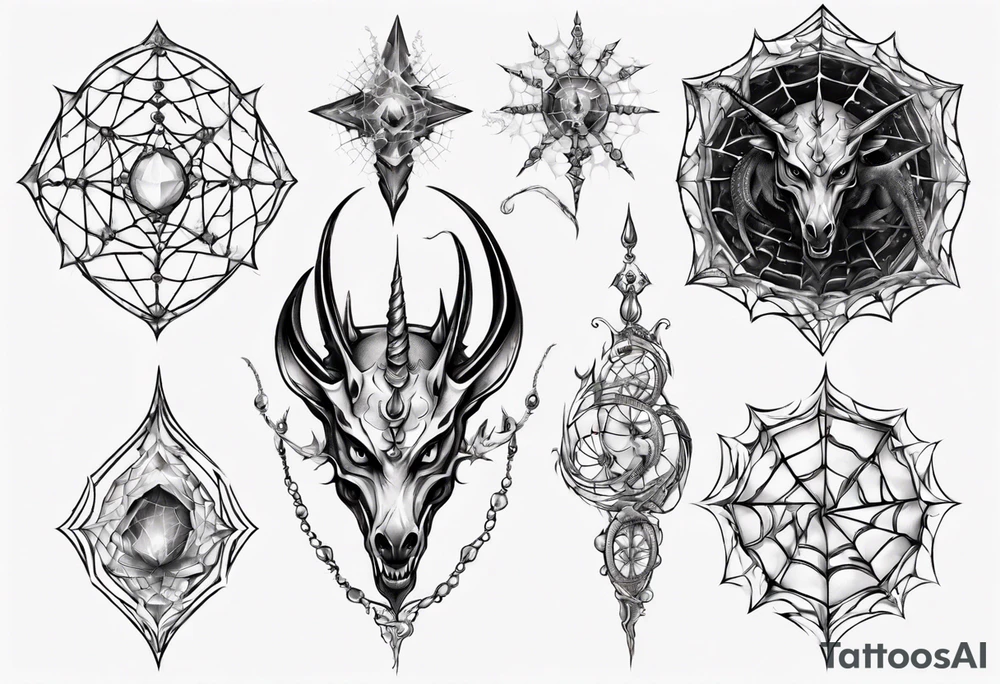 Dragon spiral spiderweb shattered chalices jewels and unicorn horn tattoo idea