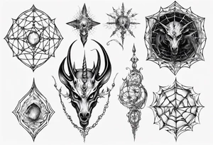 Dragon spiral spiderweb shattered chalices jewels and unicorn horn tattoo idea