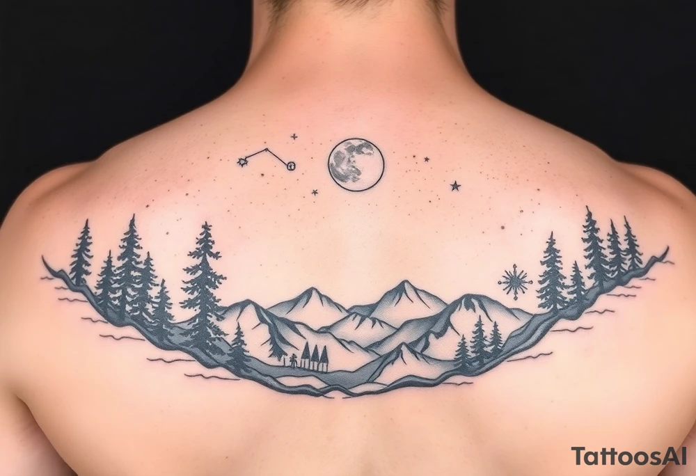 Night sky with a constellations, stars and moon seen through a frame of natural landscape tattoo idea