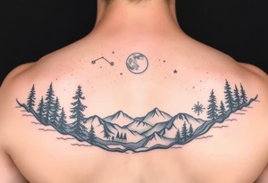 Night sky with a constellations, stars and moon seen through a frame of natural landscape tattoo idea