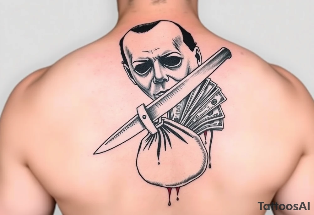 Scary Micheal Myers with a bloody knife with a extended magazine and money bag full of money tattoo idea