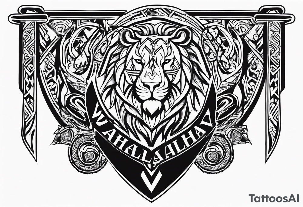 Valhalla sword shield dragon axe Valknut tribal lion tattoo idea Valhalla sword shield dragon axe Valknut tribal lion tattoo idea