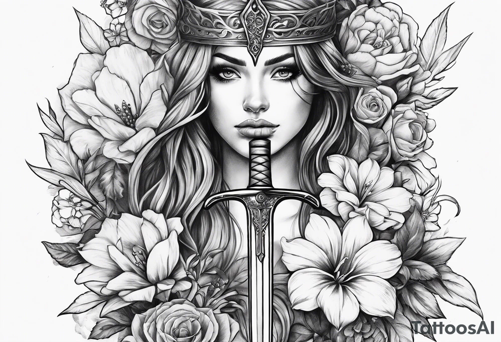 Bloody sword and flowers tattoo idea