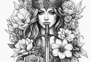 Bloody sword and flowers tattoo idea