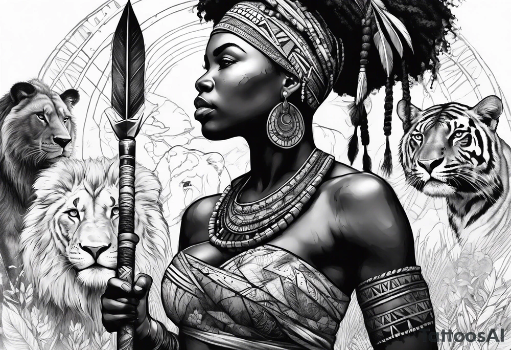 African woman warrior with tribe scars holding a spear with animals in the background tattoo idea