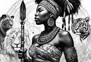 African woman warrior with tribe scars holding a spear with animals in the background tattoo idea