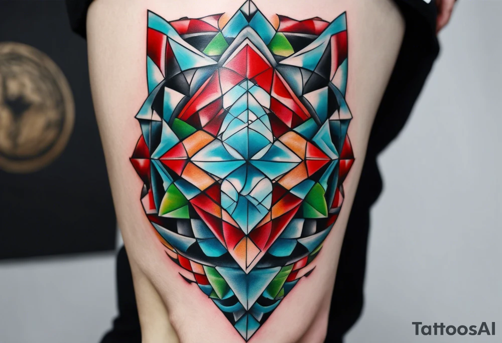geometric style tattoo on knee with baby blue, red, and green accents. steel helical pier tattoo idea