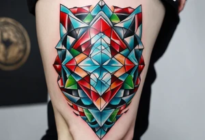 geometric style tattoo on knee with baby blue, red, and green accents. steel helical pier tattoo idea