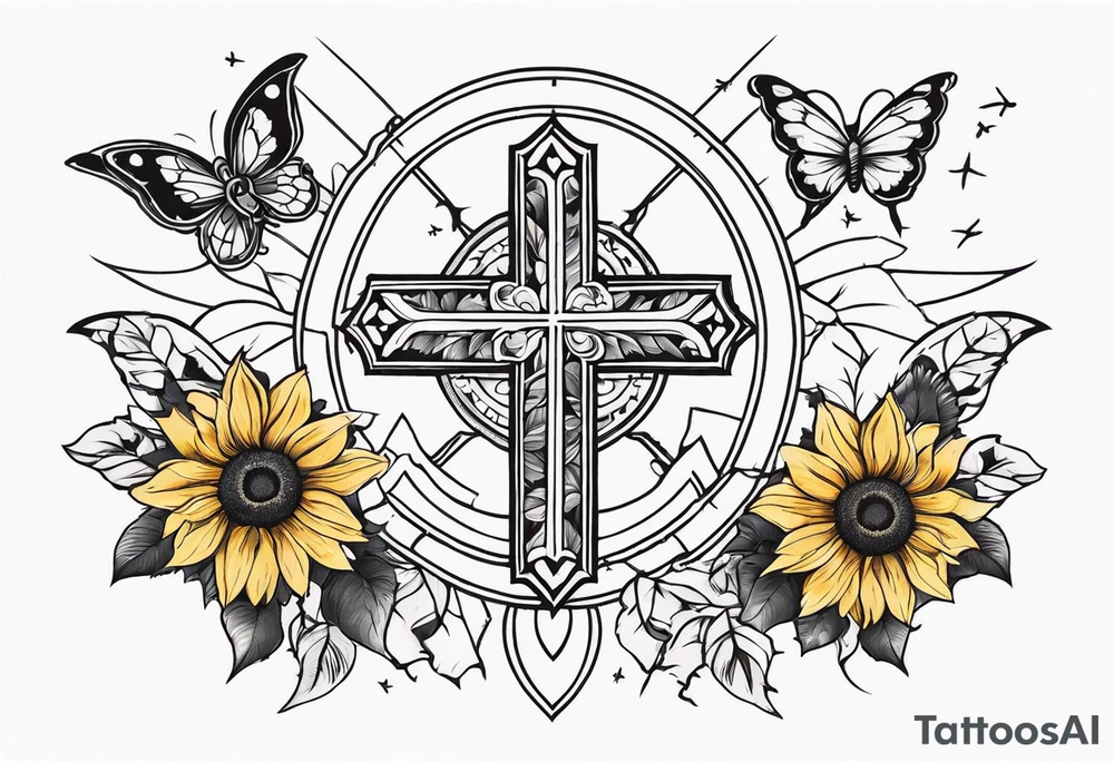 Winged cross with sunflower and butterflies tattoo idea