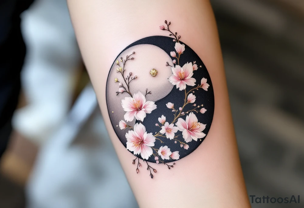 A beautifully detailed yin-yang symbol, seamlessly blending black and white ink. The black half is adorned with delicate golden floral engravings while the white half features soft pink cherry blossoms, representing purity and new beginnings. tattoo idea