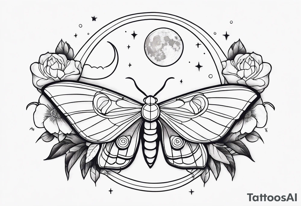 Moth, moon, snake, flowers tattoo idea