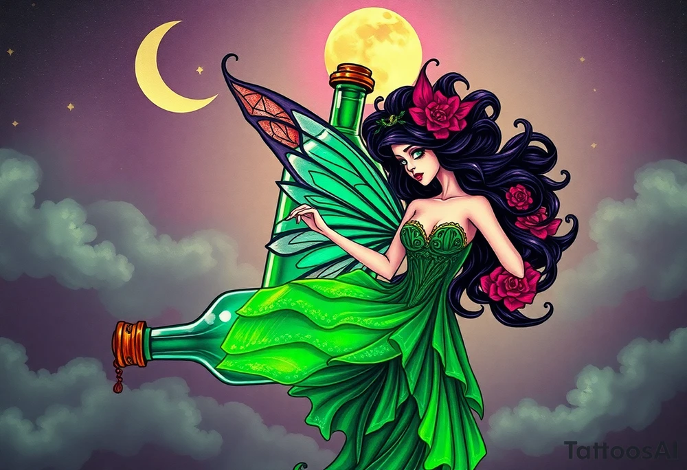 Tim Burton’s kelly doty pin up style Vintage Parisian elegant and hauntingly beautiful yet eerie full body absinthe Green Fairy dances outside her victorian crystal decatur she was once inside this elaborate ornate bottle absinthe bottle Absinthe Art Nouveau   and dripping with muted reds, dusty pinks, and eerie green glow.purple and cyan smokey clouds swirl in the crescent moonlit sky thats sprinkled with stars tattoo idea