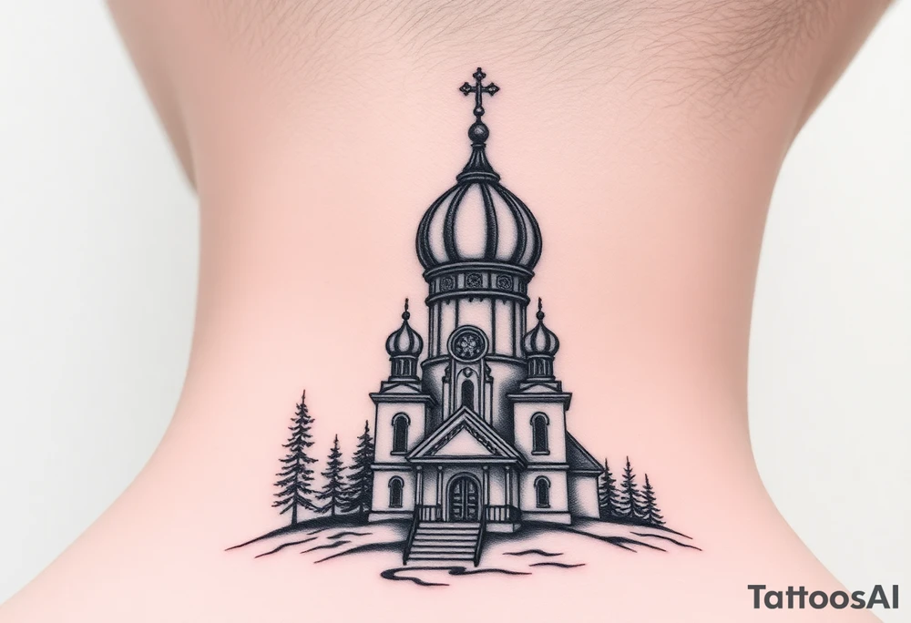 medium sized russian orthodox dome church with a visible virgin mary in a russian lakes country setting tattoo idea