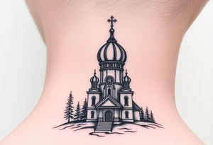 medium sized russian orthodox dome church with a visible virgin mary in a russian lakes country setting tattoo idea