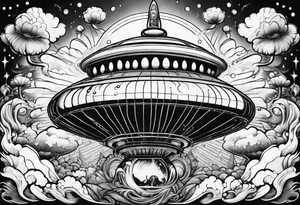 thinner rocketship with a psychedelic mushroom top with fire coming out the bottom bursting out of bubble as the bubble pops tattoo idea