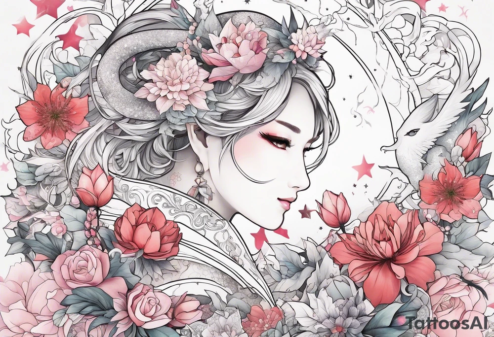 Constellation, wing , snow , cross , dragon female japan kawaii , flower tattoo idea