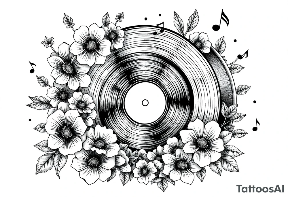 vinyl record surrounded by flowers, mushrooms, and music notes tattoo idea