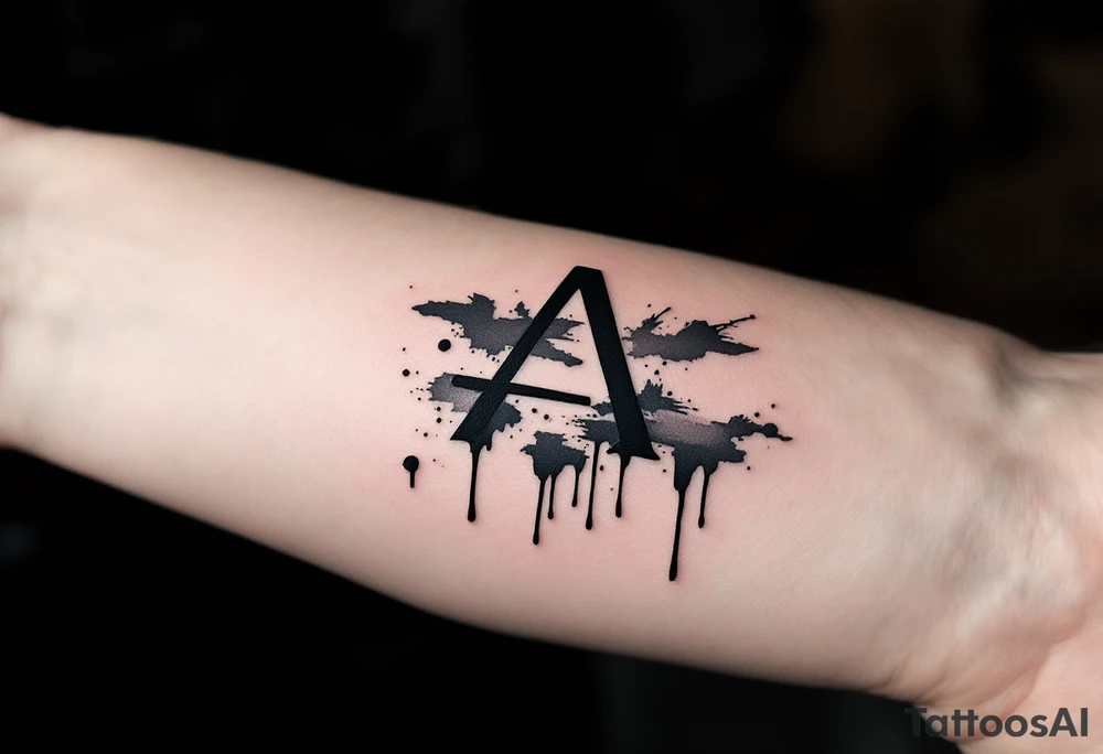 dripping ink "A" in matte black with bold smudges below. tattoo idea
