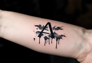 dripping ink "A" in matte black with bold smudges below. tattoo idea