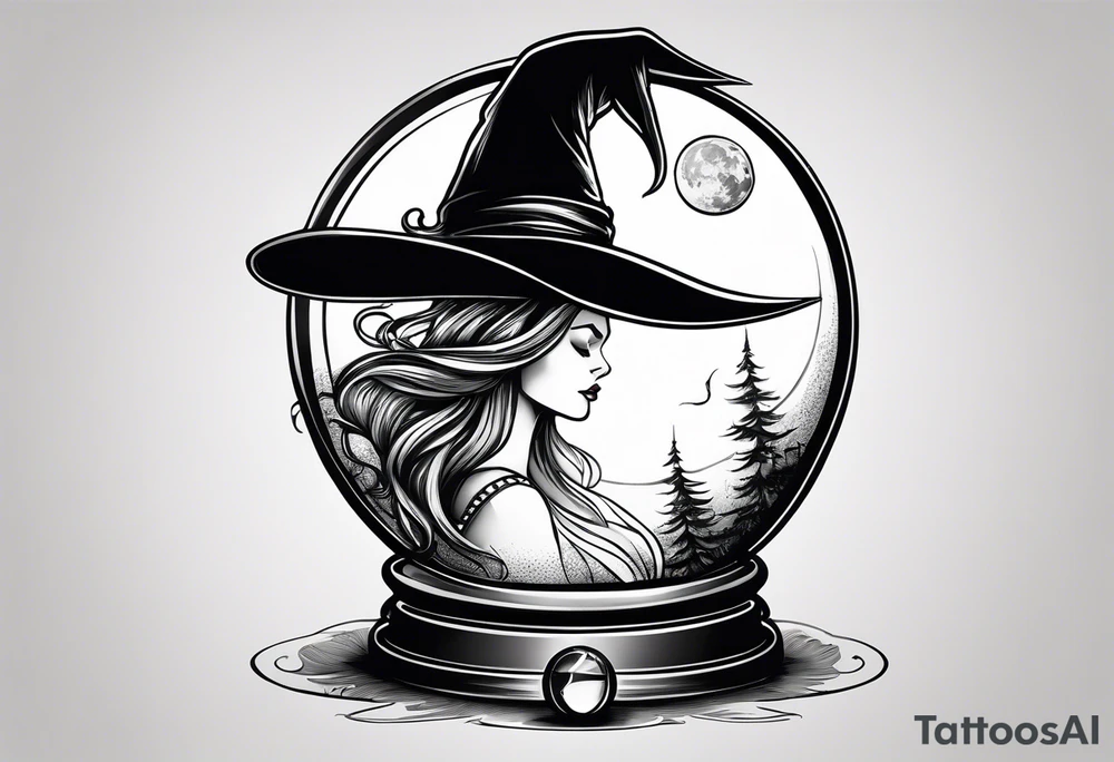 Witch’s hat on top of crystal ball that shows women dancing under a full moon tattoo idea
