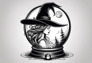 Witch’s hat on top of crystal ball that shows women dancing under a full moon tattoo idea