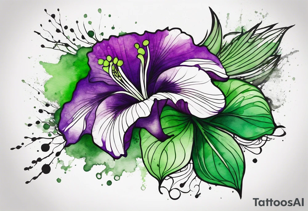 A mystical outline of a green and purple rio dipladenia flower and a green and purple watercolor splash in the background tattoo idea