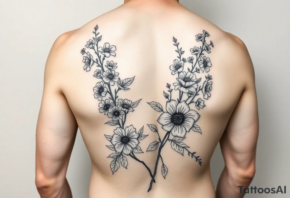 Full sleeve tattoo design of larkspur and hawthorn flowers, highly detailed line art, black ink, elegant botanical style, intertwined composition, no shading, no human mock-up, clean stencil style suitable for tattooing, fit fully within boundaries tattoo idea
