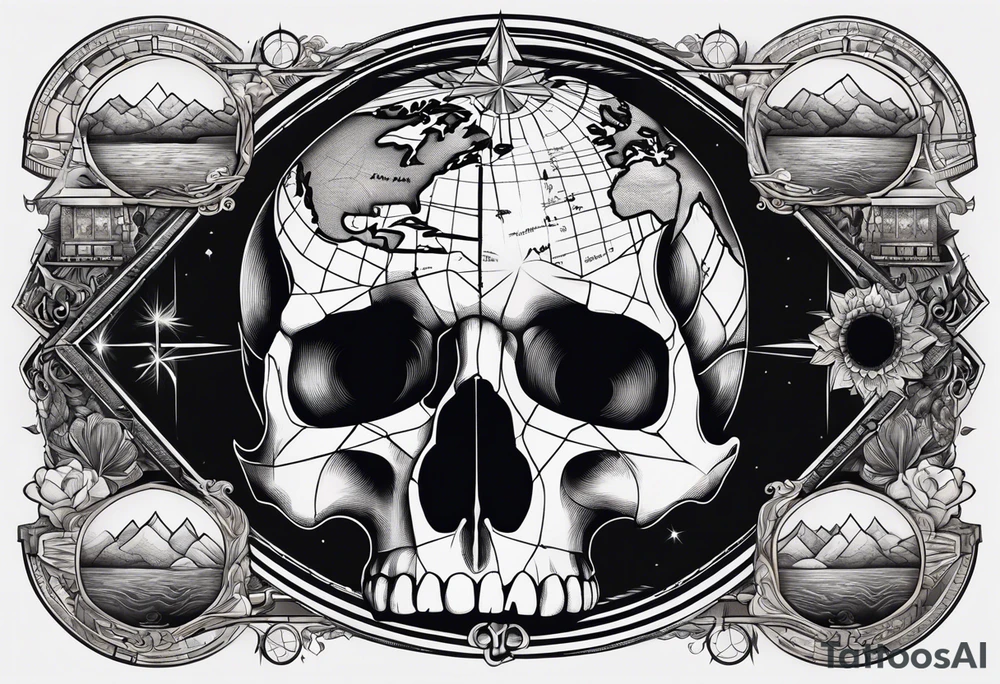 A skull depicting an ancient map with places marked, reminding us of the significance of each moment and the path we travel. tattoo idea