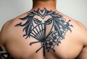 Samurai Asian leye lash face warrior
 with a fan across her face with cherry blossom tattoo idea