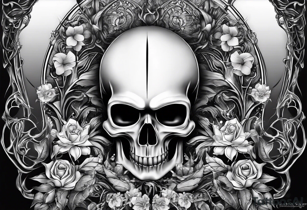 H.R. Giger Knee tattoo with realistic evil skull, various flowers, water and fall colors tattoo idea