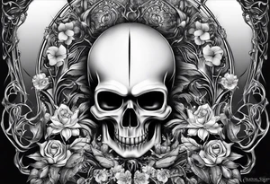 H.R. Giger Knee tattoo with realistic evil skull, various flowers, water and fall colors tattoo idea