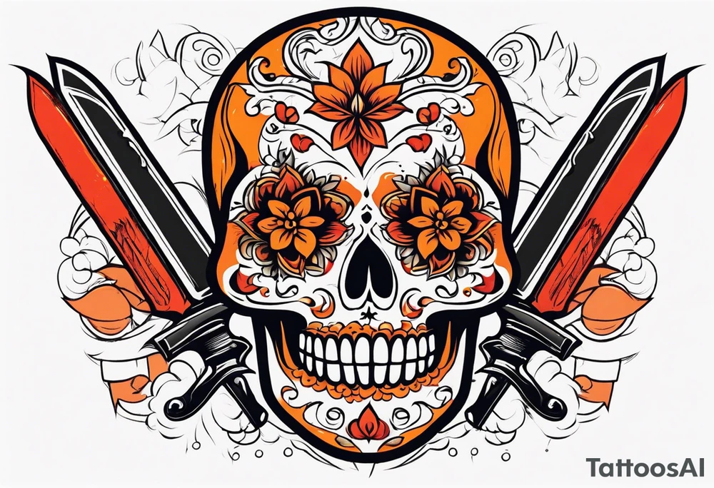 Orange Sugar skull with knifes that are orange and red with smoke around it tattoo idea