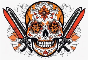Orange Sugar skull with knifes that are orange and red with smoke around it tattoo idea